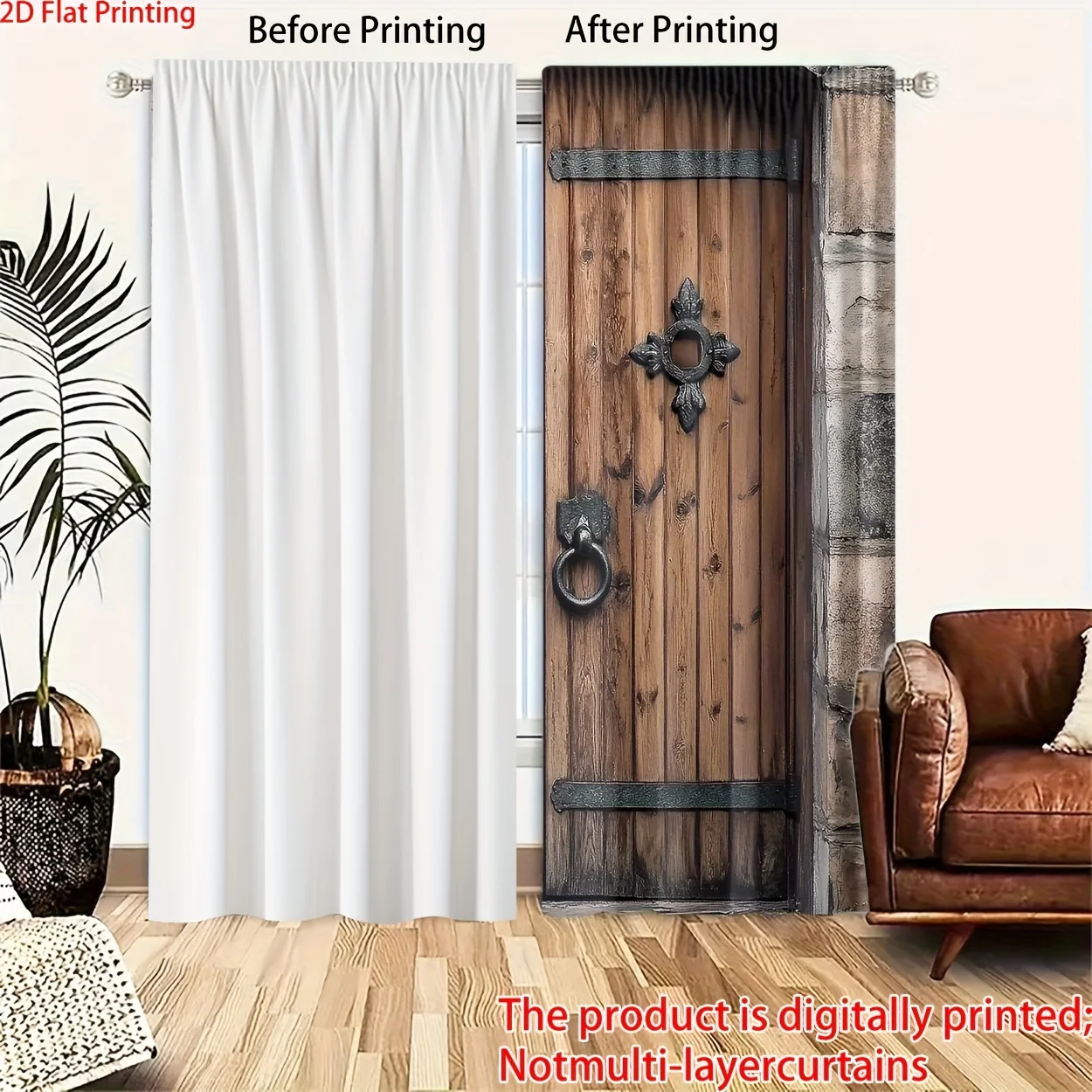 Realistic 2D Wood Door Curtain Backdrop for Home Decoration Living Room Curtain Panel