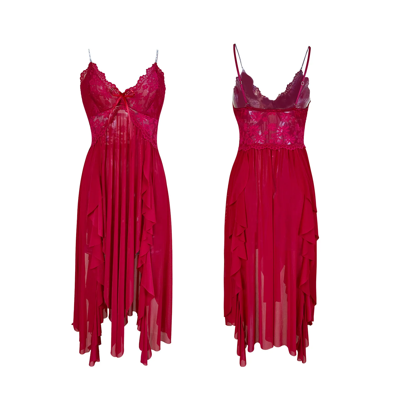 Lace See-through Nightgown With Thin Straps High Slit Ruffled Long Skirt Multi-color Transparent Mesh Dress Casual Elegant TTFB