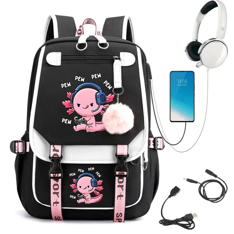 Mochila escolar Kawaii para niñas adolescentes Axolotl, juegos de Anime, dibujos animados, regreso a la escuela