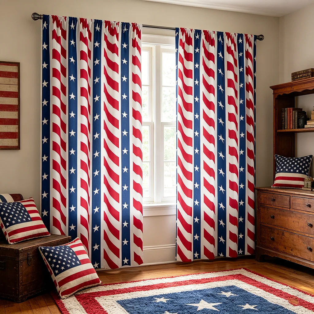 2PCS independent red, blue, and white striped printed curtains with pole pockets, suitable for bedrooms and living rooms