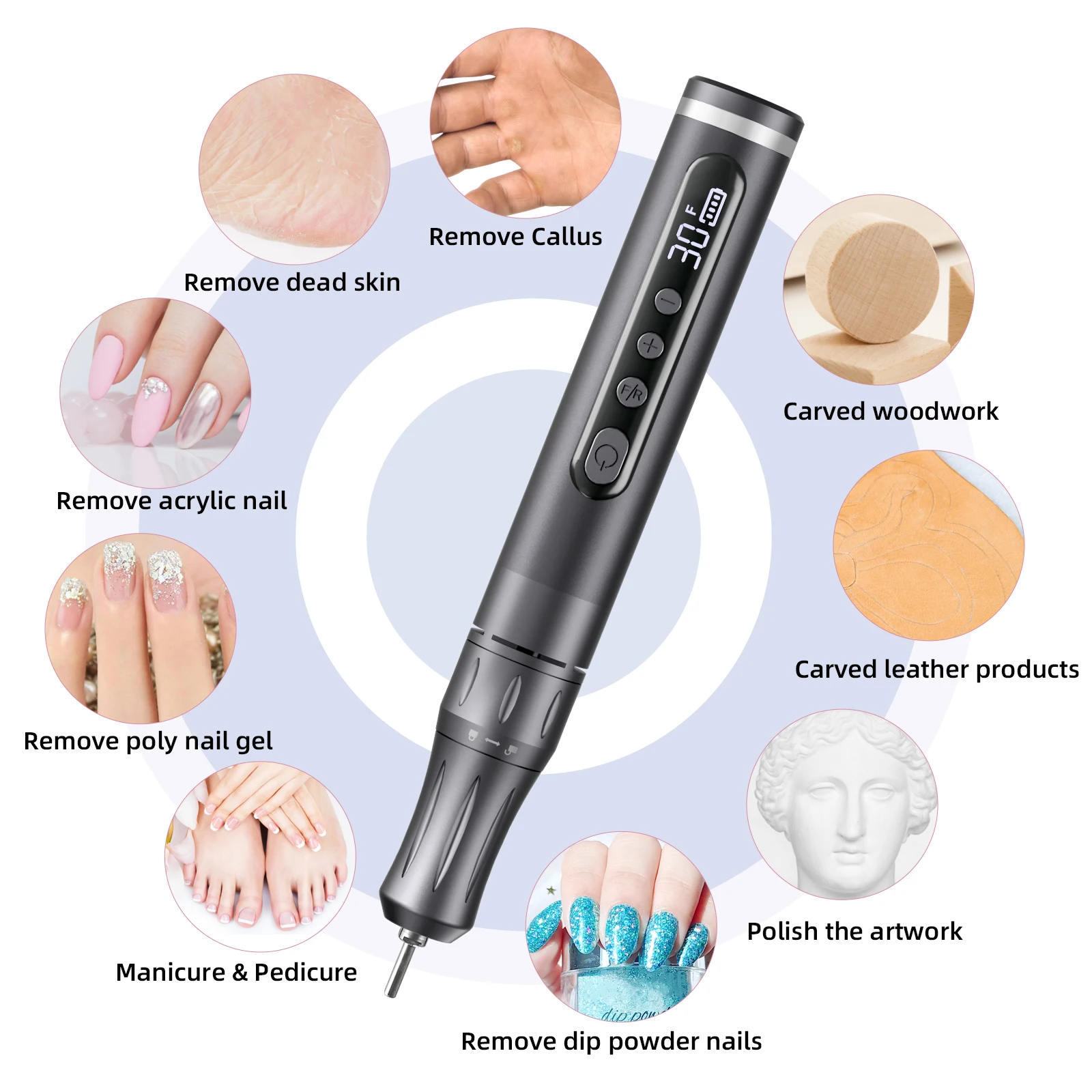 Perceuse à ongles électrique sans fil avec affichage LED, Direction avant et arrière, lime électronique, perceuse à ongles pour ongles en acrylique, ensemble de manucure