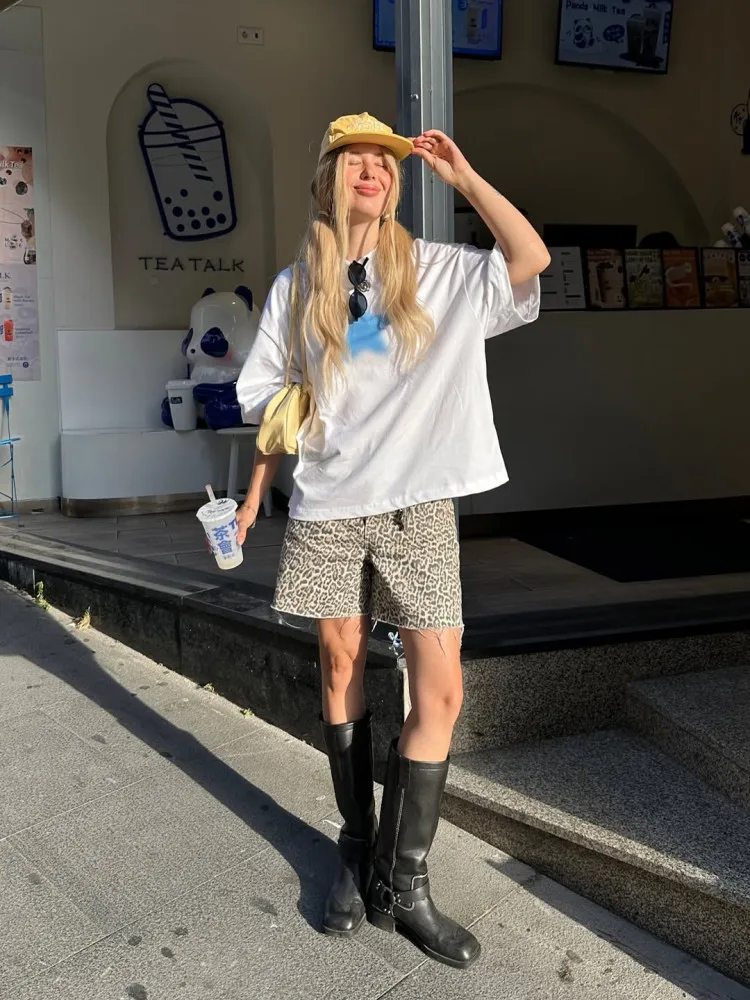 JHYF American Retro Oversize Design Small Audience Illusory Blue Five-pointed Star Print Spicy Girl Short Sleeve T-shirt Women