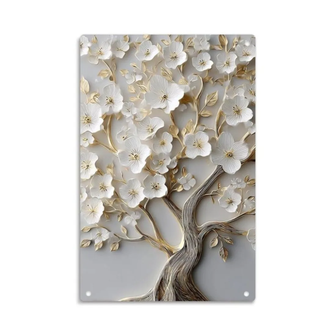 Metall-Wandschild „Vintage Golden Leaf & White Flower“ für Zuhause, Schlafzimmer, Küche, Bar