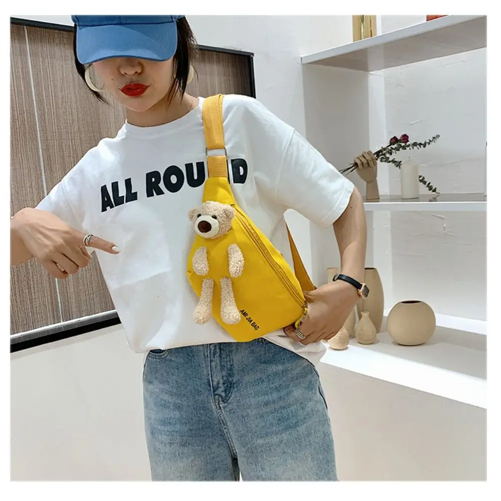 1PC Women\'s Cute Bear Waist Bag Canvas Belt Bags Designer Crossbody Chest Bag Female Solid Fanny Pack Banana Hip Purse