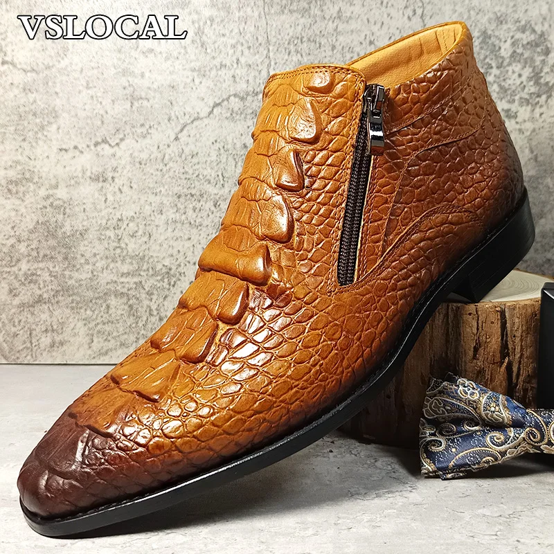 

Luxury Brand Men Ankle Boots Shoes Black Brown Crocodile Prints Zipper Chelsea Boots Mens Dress Casual Leather Boots Men