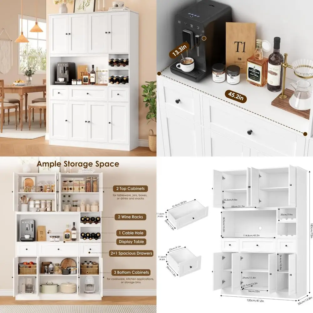 خزانة مخزن المطبخ الكبيرة مع رف النبيذ وحامل الميكروويف، وخزانة تخزين طويلة مع أدراج للمخزن وتنظيم الطعام #1