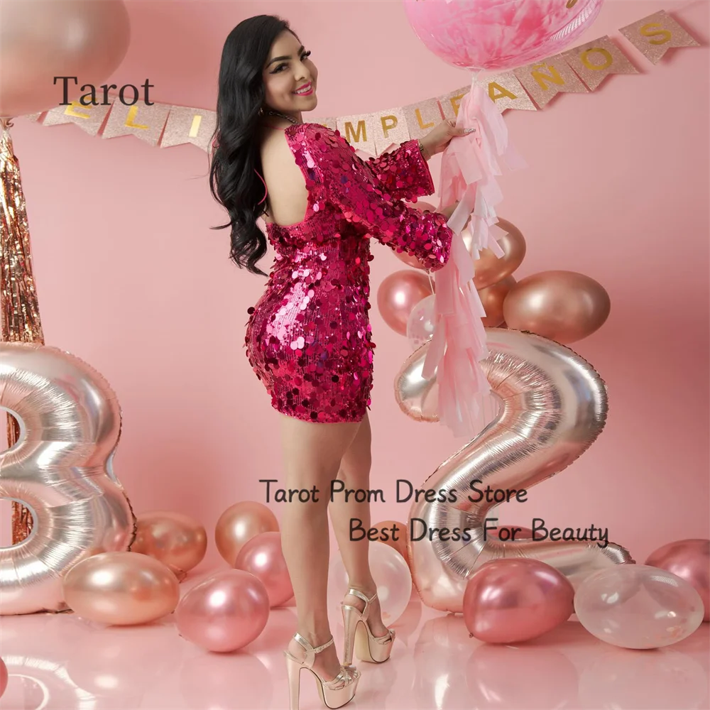 TAROT bodycon ชุดพรอมสั้นมินิเดรสเซ็กซี่เปิดหลังปลอกเลื่อมแขนยาวแบบทางการสำหรับงานเลี้ยงวันเกิด