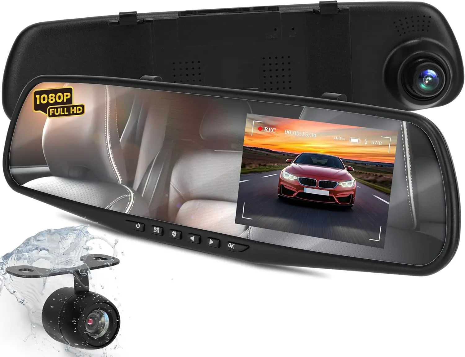 

HD 720p Dual Camera Car System with Rearview Mirror, Waterproof Backup Cam, 4.5' Display, G-Sensor, DVR, Plug-and-Play