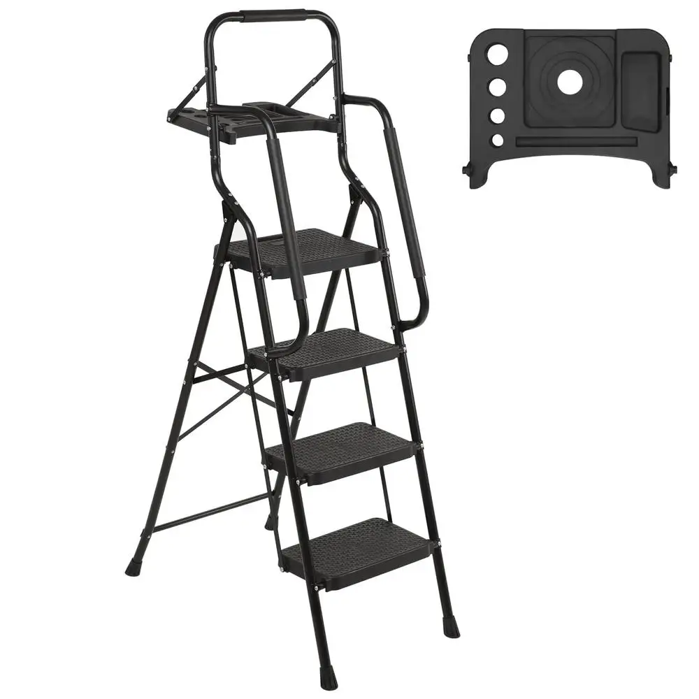 4 Step Portable Folding Ladder with Tool Tray 330 lb Capacity Safety Handrails Non-slip Feet Black Home and Office Essential