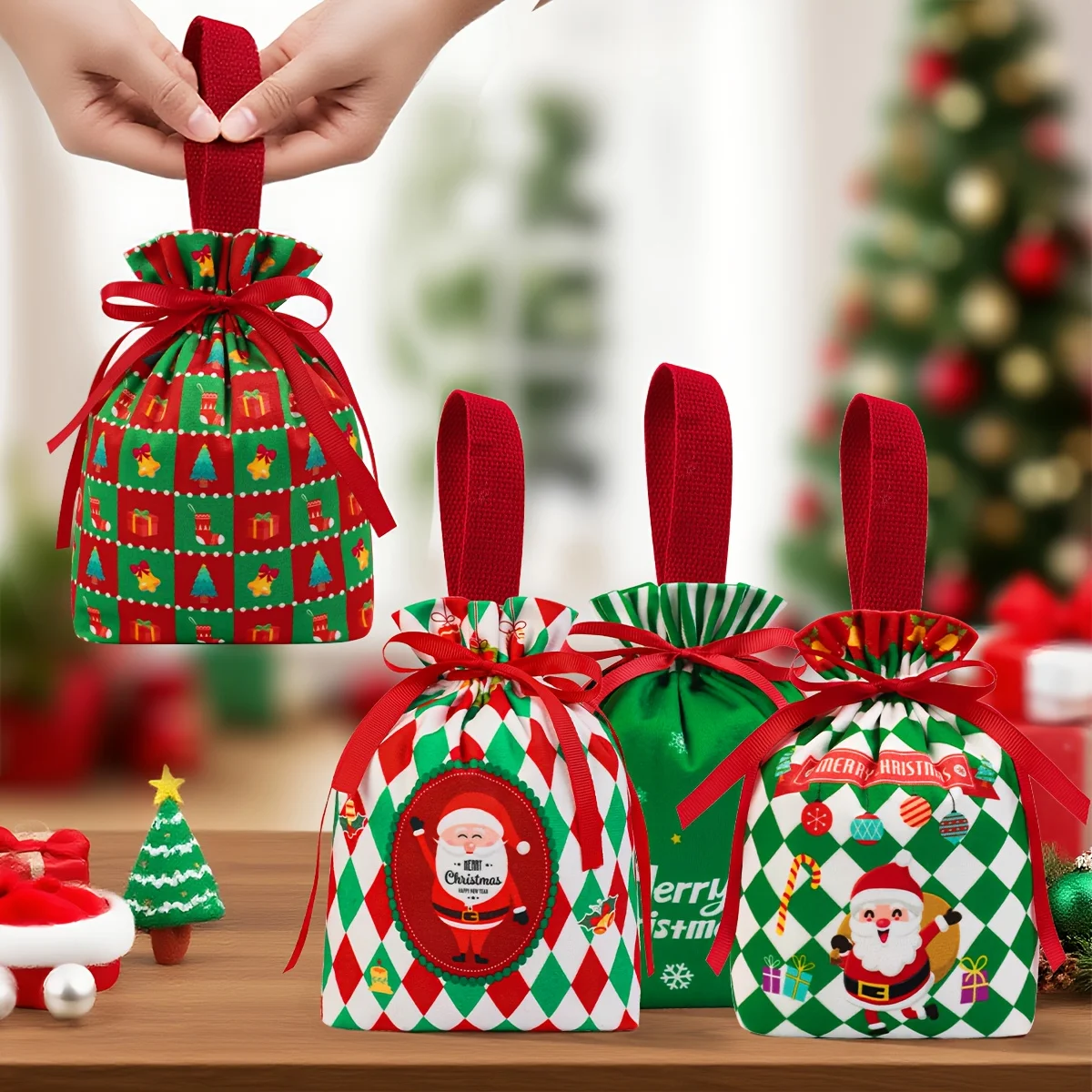 5 قطع من أكياس هدايا عيد الميلاد المخملية مع إغلاق برباط - أكياس هدايا للحفلات قابلة لإعادة الاستخدام للحلوى والمجوهرات وحفلات استقبال المولود الجديد وعيد الميلاد #5