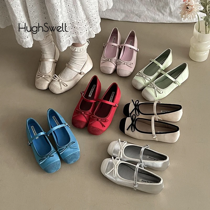 

Luxury Satin Silk Mary Jane Shoes Woman Elegant Square Toe Bowknot Ballet Flats Ladies Color Contrast Design Shallow Loafers