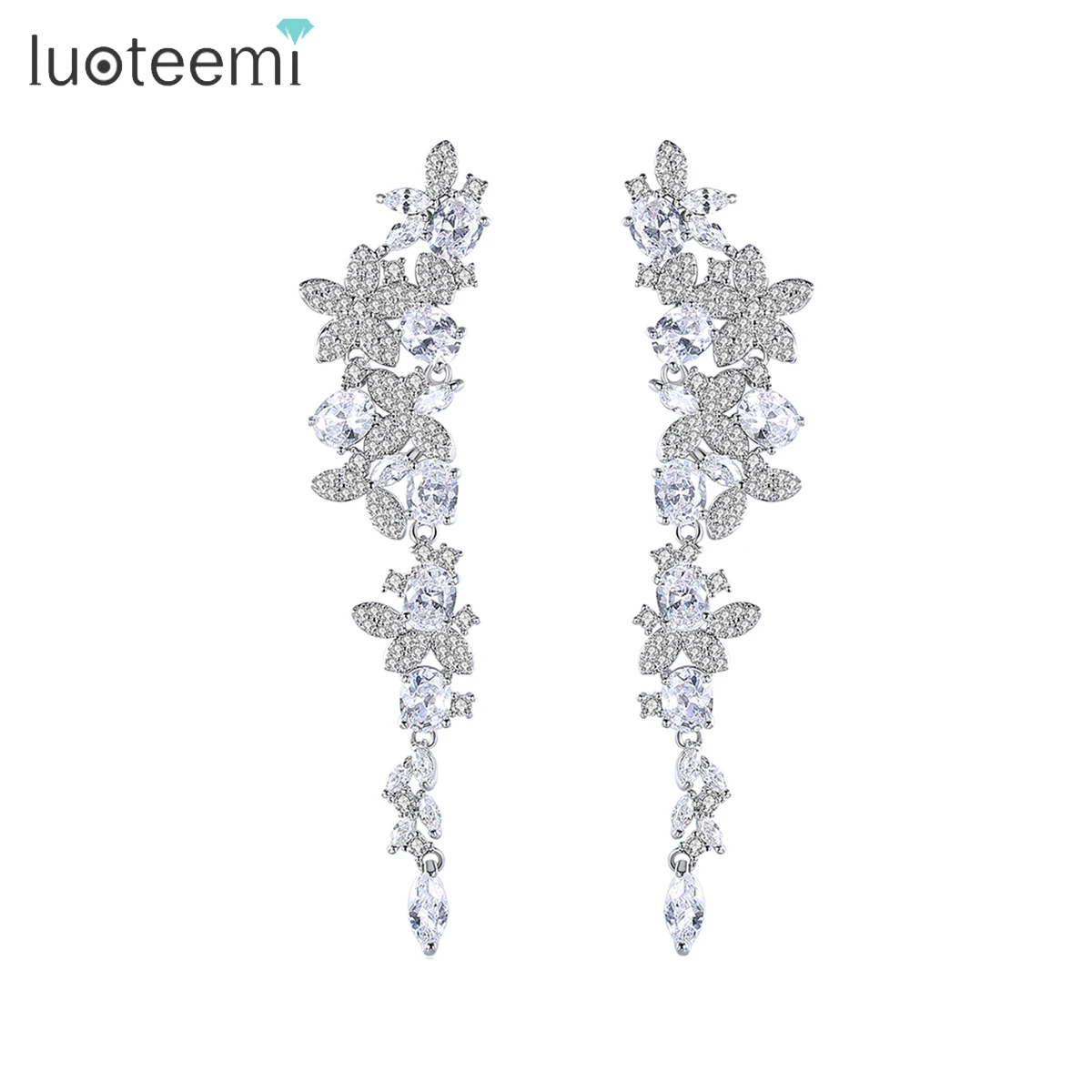 LUOTEEMI New Arrival CZ Flower Drop Earring for Women AAA Cubic Zirconia Bride Pendant Ear Jewelry Bridal Wedding Accessories