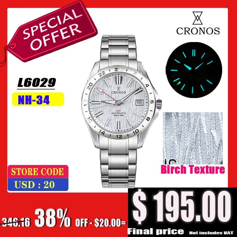 

Cronos GS 39mm Texture Dial Mechanical Men Watch NH34 Automatic Mechanical Bubble Sapphire Glass Brushed Bracelet 10ATM L6029 V2