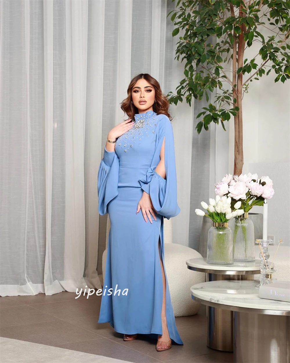 Gaun Prom Arab Saudi Satin manik-manik Pleat selebriti selubung kerah tinggi Bespoke gaun acara gaun lengan panjang