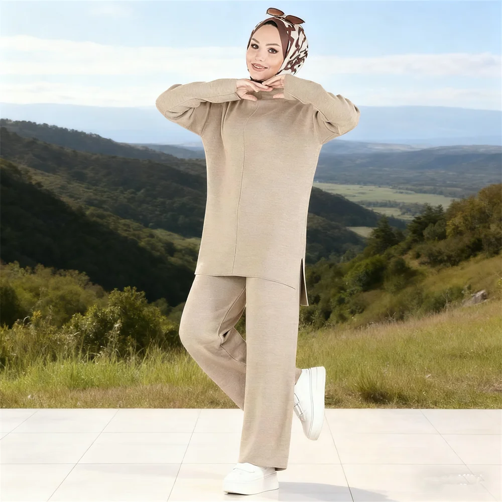 

2 Piece Sets Muslim Abaya Women Knitted Sweater Tops Wide Leg Pants Suit Turkey Blouse Dress Arab Dubai Kaftan Islamic Clothing