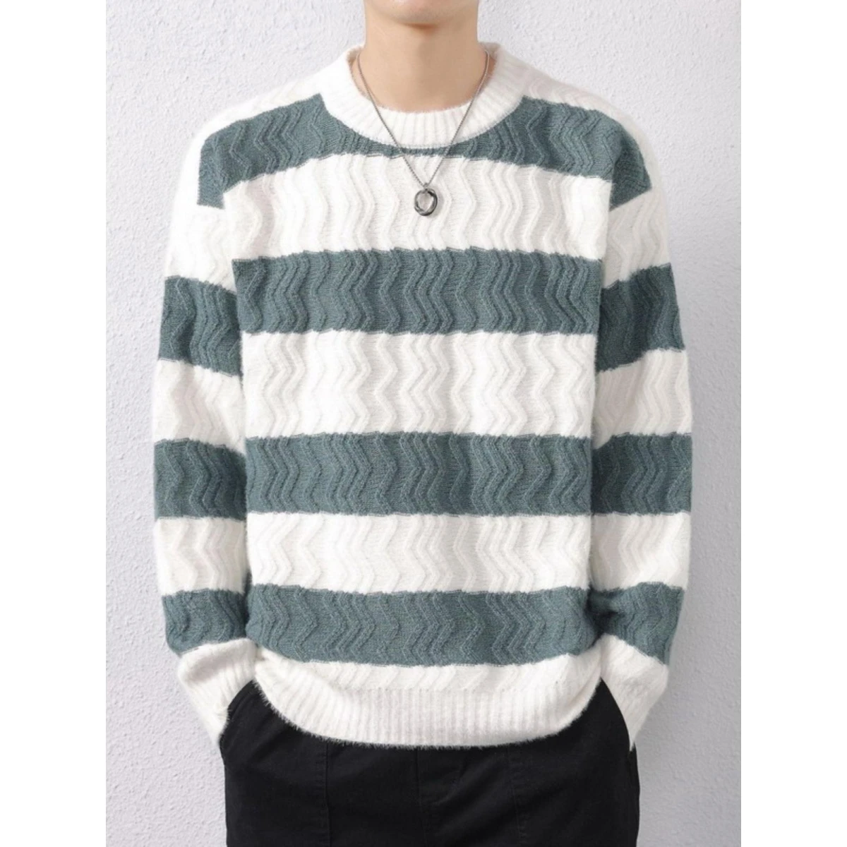 

Мужской трикотажный джемпер с круглым вырезом и узором, осенне-зимний, теплый, комфортный, свободного кроя, с длинным рукавом, повседневный, из полиэстера