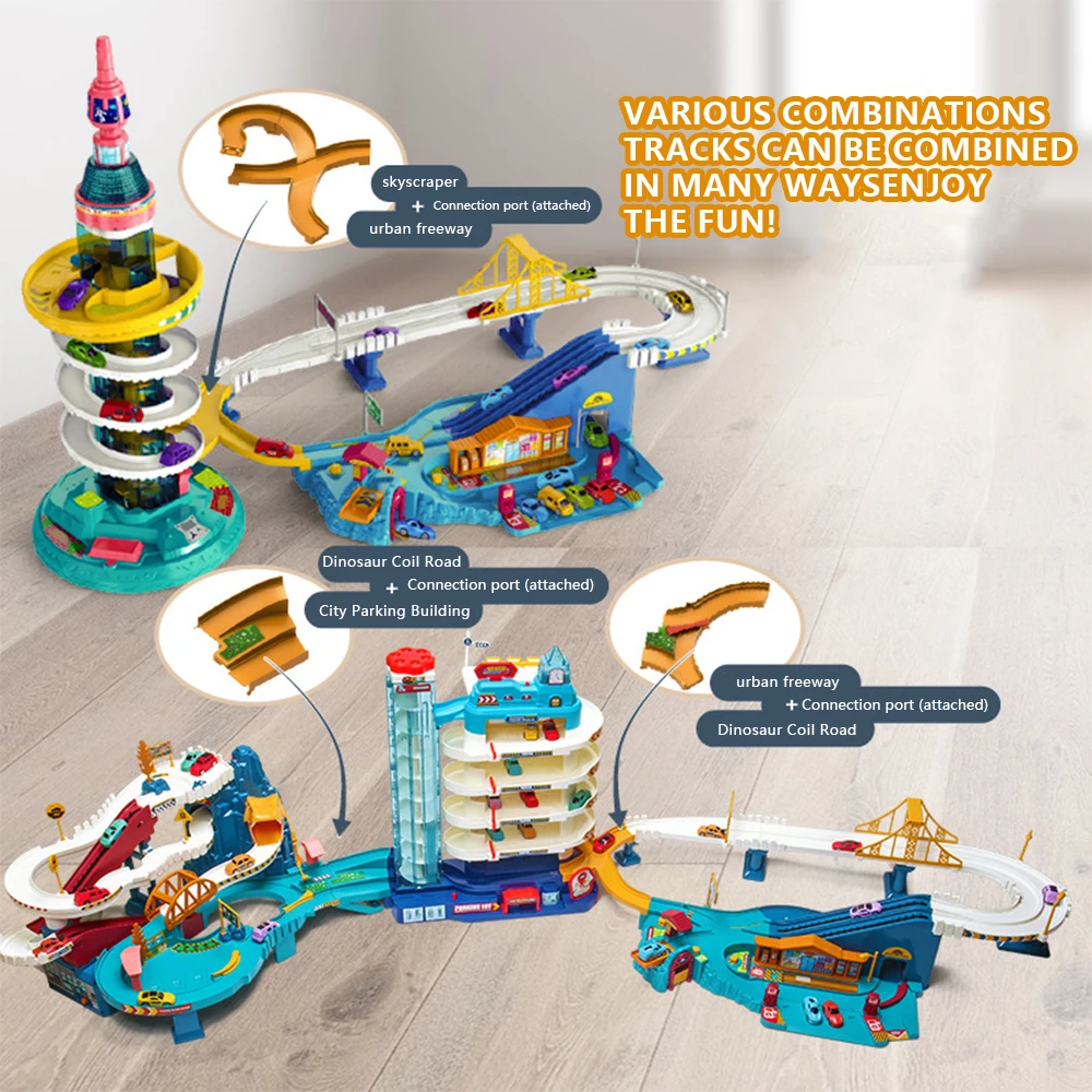 Electric Rail Car Dinosaur Building Parking Lot Adventure Racing Rail Car Toys Children Brain Mechanical Interactive Rail Cars