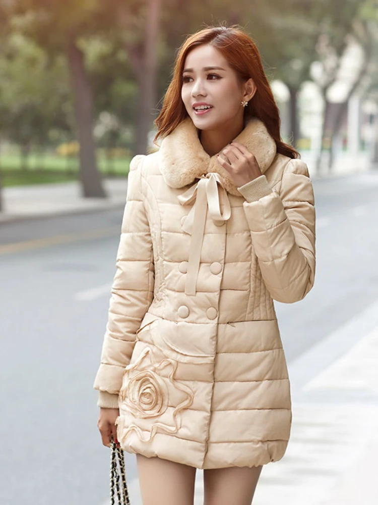 2025 Winter Women Jacket New Slim-Fit Thick Warm Belt Fur Collar Mid-Length Cotton-Padded Coat