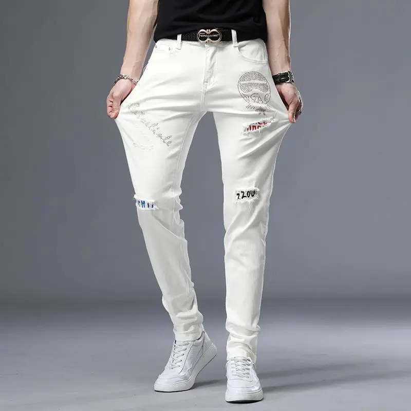 Spring Summer White Hot Drill Ripped Cowboy Korean Style Streetwear Men Washed Luxury Holes Slim Hip-hop Stylish Jeans Trousers