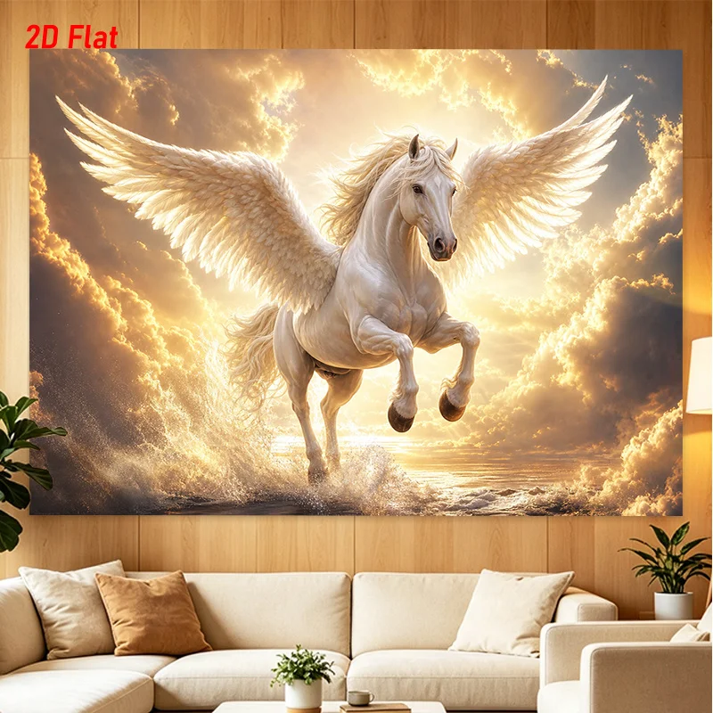 Flying Horse Pegasus Tapestry, White Wings Golden Sky Wall Hanging, Mythical Animal Fantasy Art Decor, Living Room Bedroom Cloth