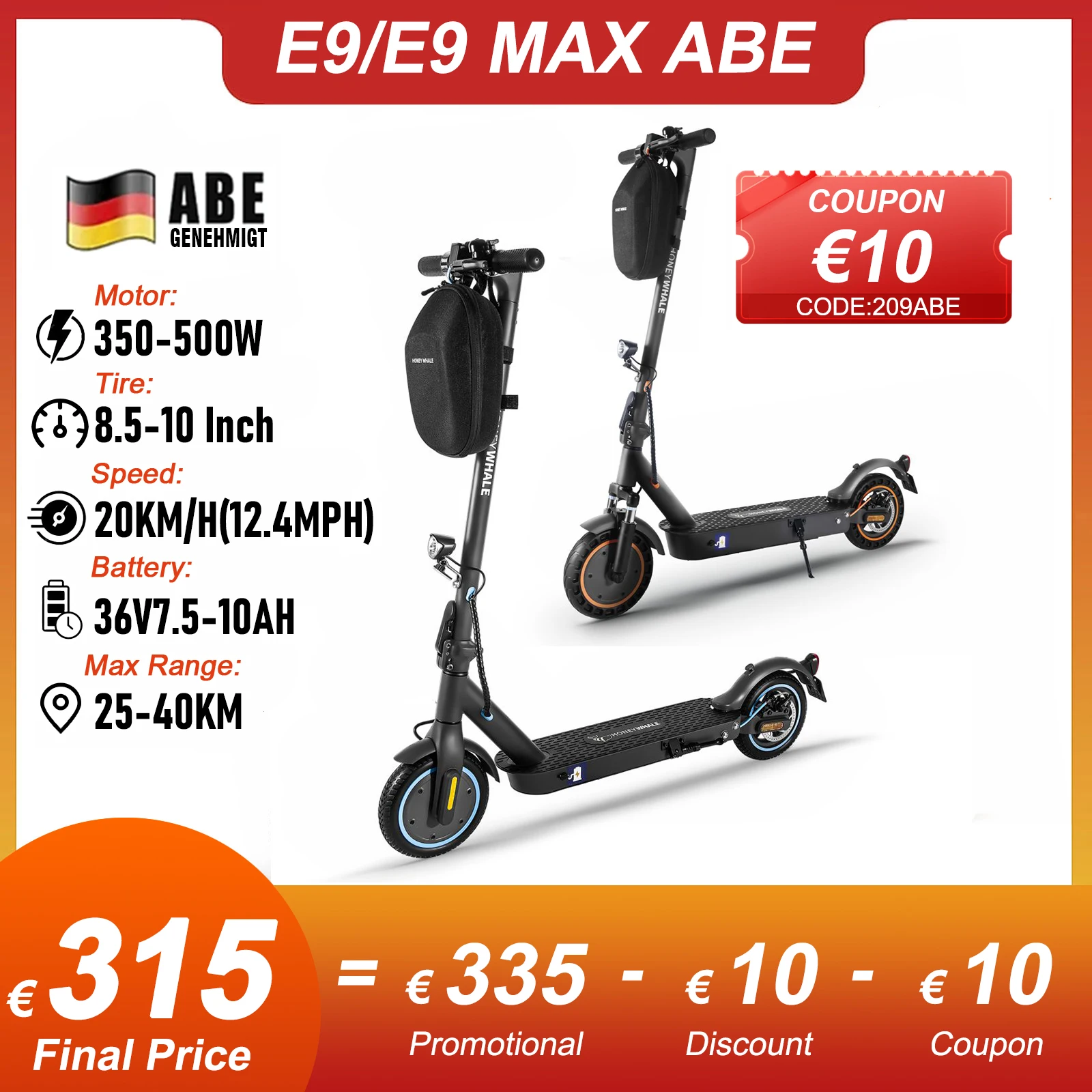 Honey Whale E9/E9 Max ABE electric scooter 350/500W with road approval 20 KM/H Max Speed 20-40 KM 7.5/10AH APP electric scooter