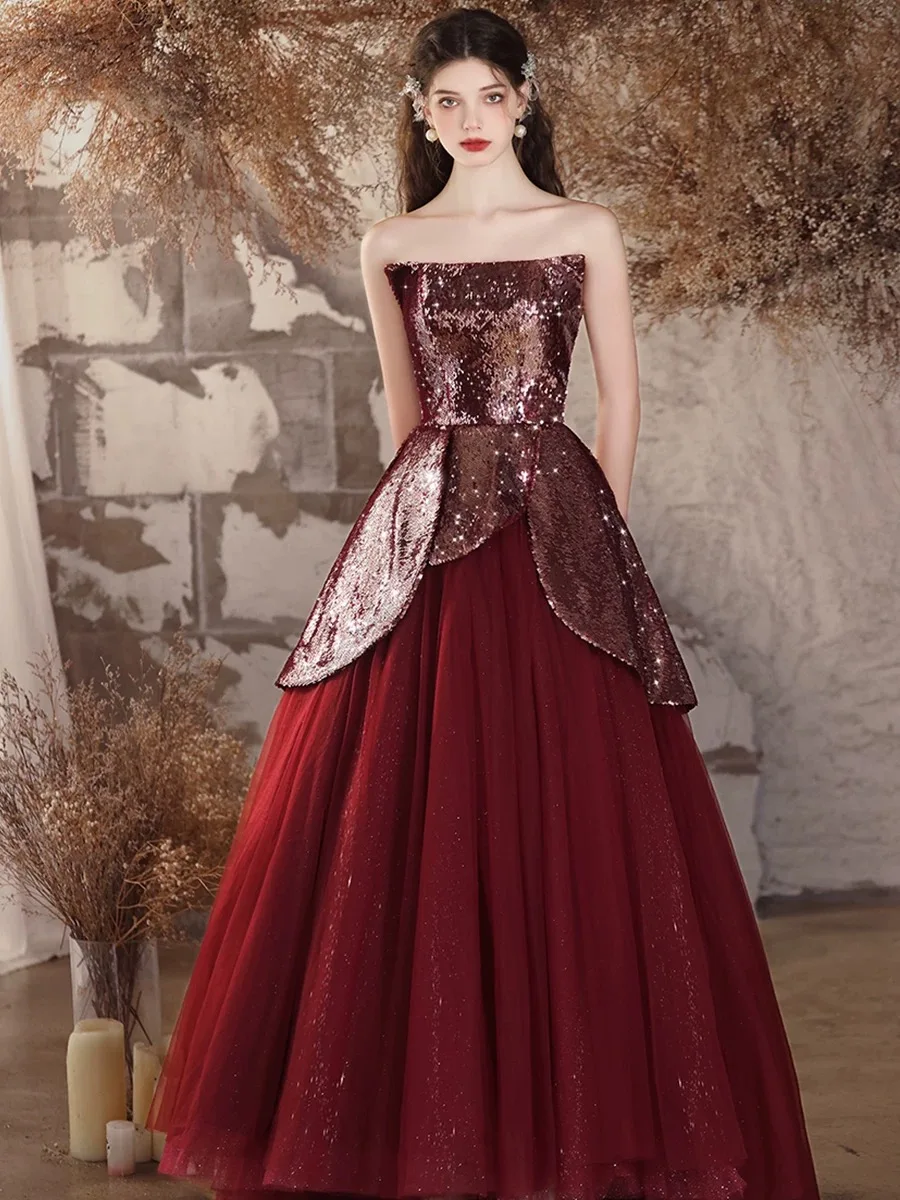 Vestido de casamento brilhante cor cereja, lantejoulas, linha a, sem alças, plissado, inchado, até o chão, banquete, baile, festa, vestidos de noite