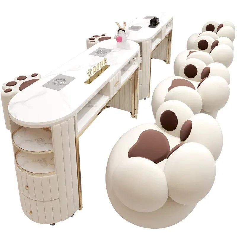 Modern Luxury Manicure Table Double Marble Top Nail Station with Metal Frame for Salon Nail Tech