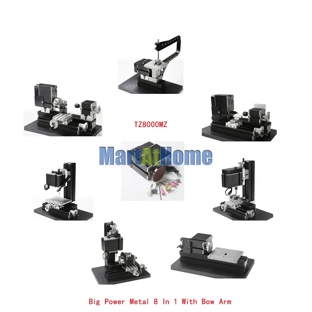 60W Metal 8 in 1 Mini  Machine Kit with Bow-arm TZ8000MZ Lathe, Wood-turning, Jigsaw, Drilling, Milling, Sanding Machine