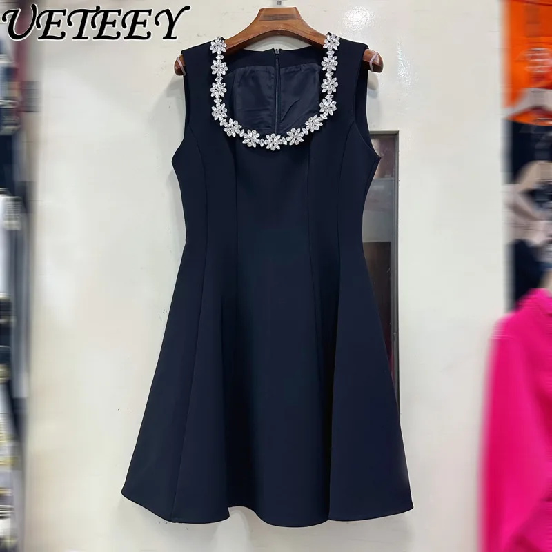 

French Elegant Square Collar Heavy Industry Nail Drill Sleeveless Vest Dress Summer New High Waist Birthday Party Short Dresses