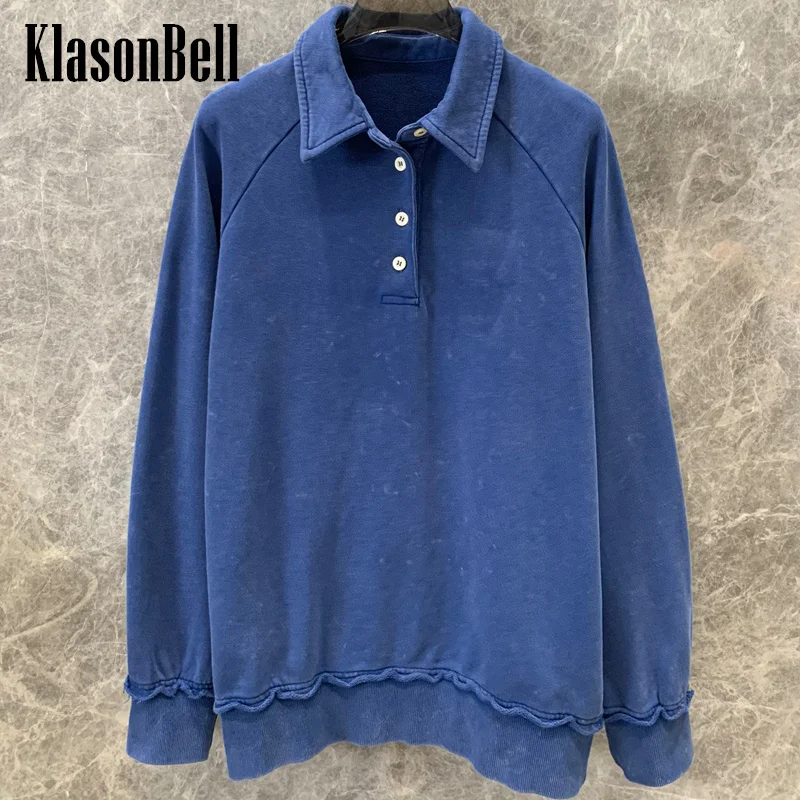 

7.30 KlasonBell Women Letter Embroidery Blue Washed Distressed Pullover Top Button Lapel Collar Raglan Sleeve Loose Sweatshirt