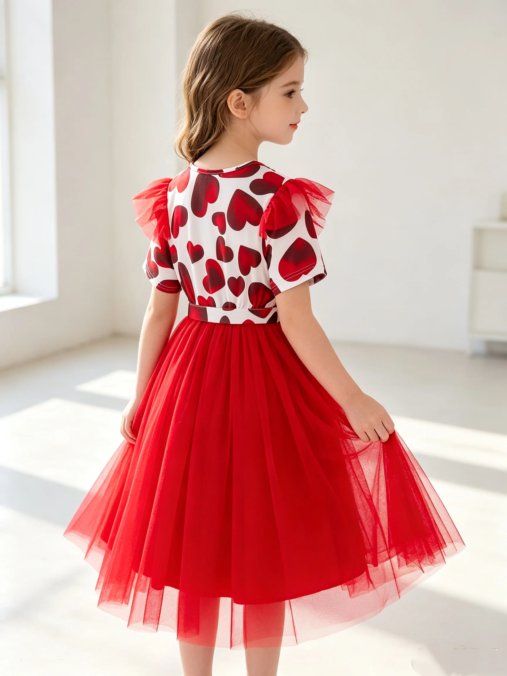 Spring And Summer Girls' Red Heart Full Printed Short Sleeved Fluffy Gauze Skirt A-Line Large Swing Mesh Skirt Dress