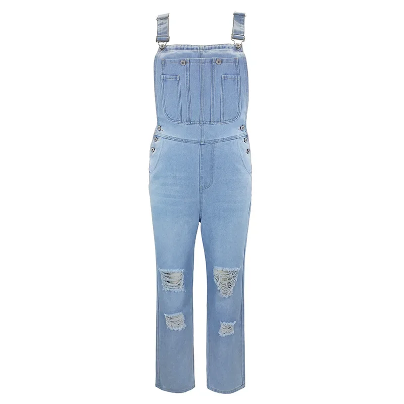 Combinaison en denim bleu pour femme, barboteuses à trous, pantalon de travail décontracté, jean spinal, pantalon long, streetwear, chaud, Y2K