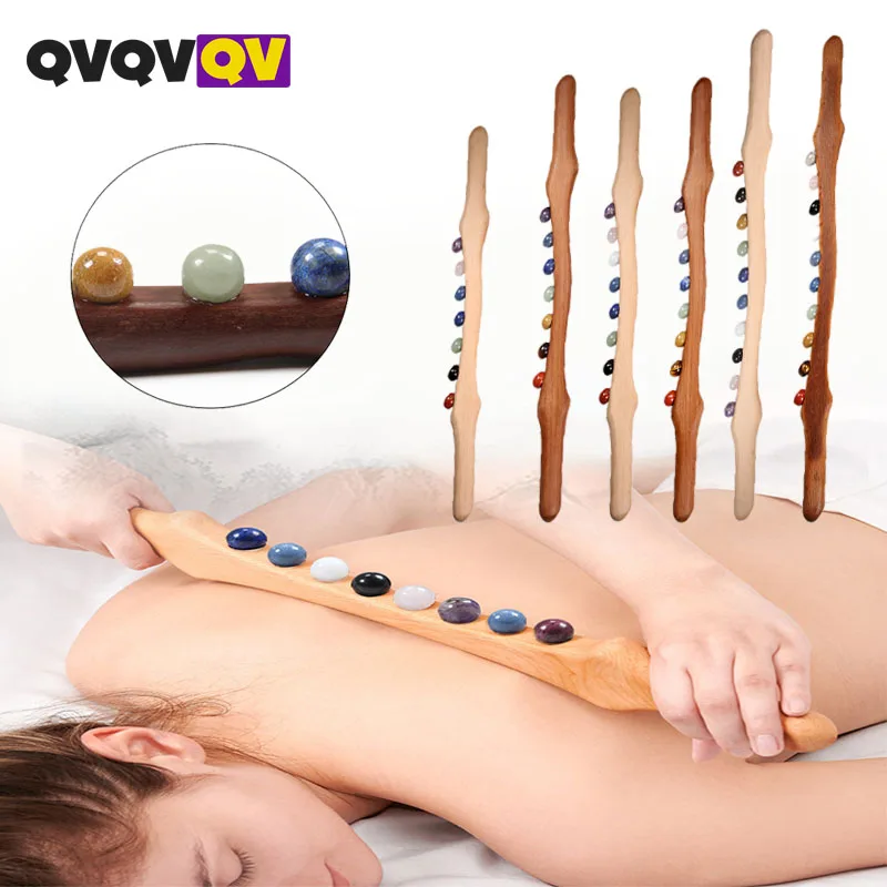 Wood Massage Stick 10 Jade Stone Beads Massage Roller Wooden Trigger Point Massage Tools for Back Body Scraping Gua Sha Therapy