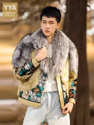 Runway Designer Men Fox Fur Collar Real Sheep Fur Jacket Leather Spliced Vintage Floral Embroidery Coat Luxury Banquet Overcoat