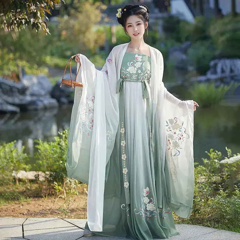yeshanfu-女性中国の伝統的な刺繍ステージダンスドレス女性妖精コスプレ衣装漢服グラデーションブルー-グリーン女性のための