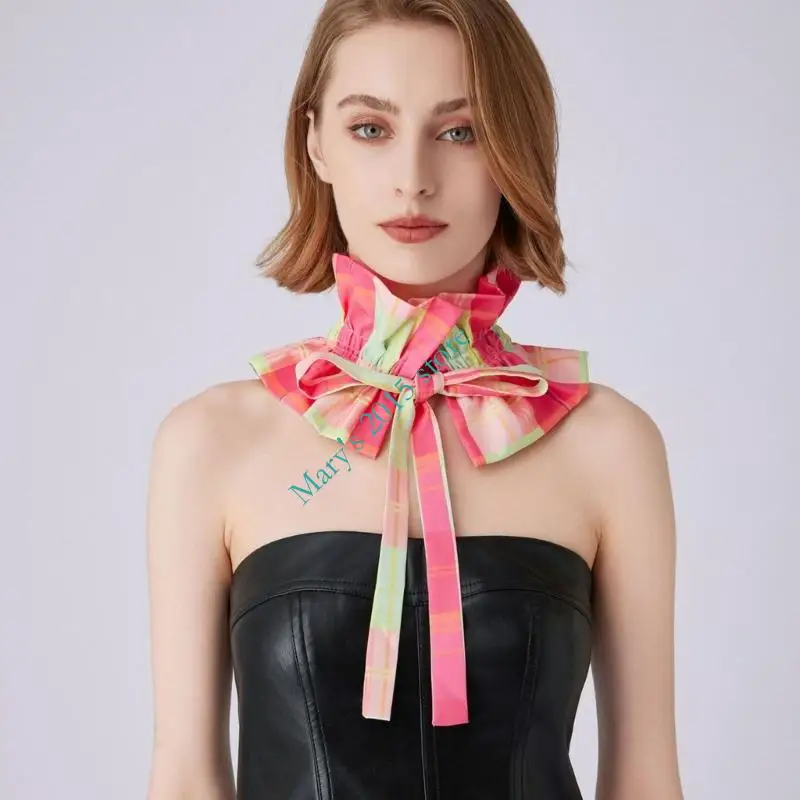 Detachable Check Neck Collar with Front Tie Closure and Ruffled Shoulder for Sweatshirts and Sweaters Costume Styling