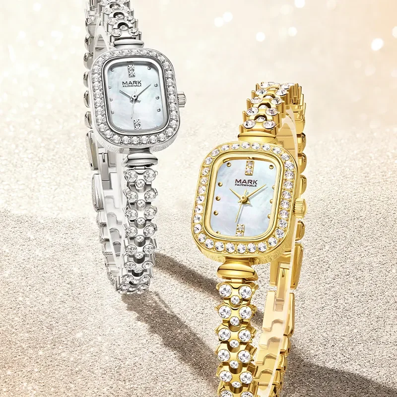 Fashion Iced Quartz Watch For Women Brand Mark Fairwhale Dress Full Diamonds Bling Rectangle Wristwatch Ladies Gift 2024 New