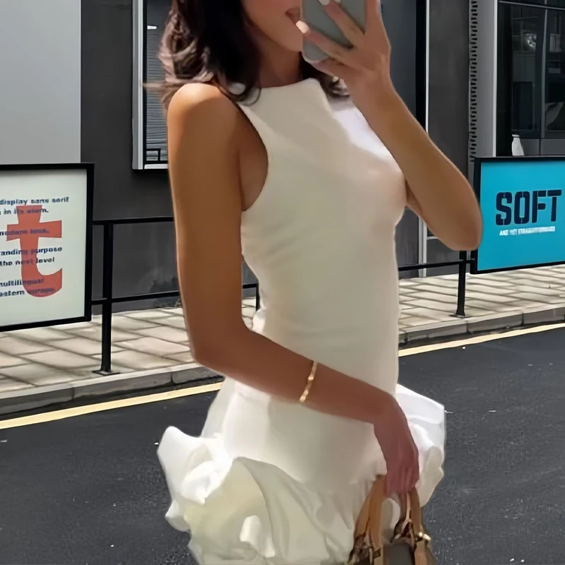 OMSJ verano elegante dulce sin mangas vestido de burbuja Color sólido cintura alta moda delgada cuello redondo árbol comestible hongo dobladillo Mini vestido sin mangas