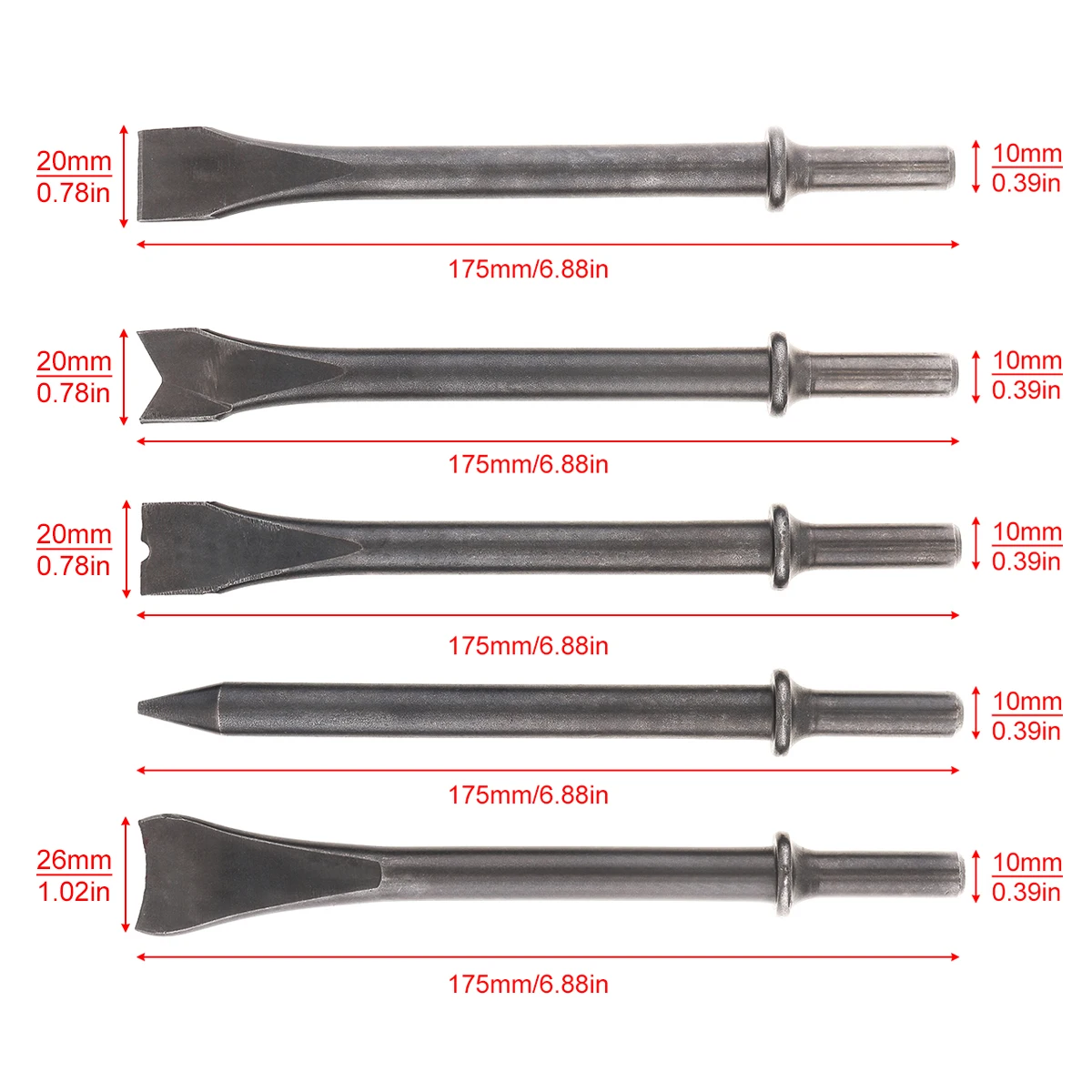 170/175/350/450mm Hard 45# Steel Solid Long Air Chisel Impact Head Support Pneumatic Tool for Cutting / Rusting Removal