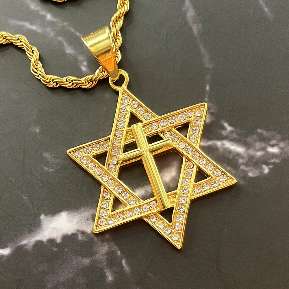 Talisman Seal Solomon Six-Pointed Star cross gold color rhinestone Pendant 316L Stainless Steel Necklaces