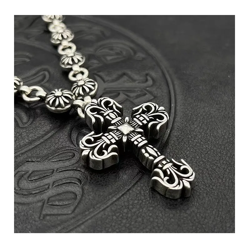 Accessories Thai Silver Retro Flame Cross Necklace Integrated Chain Cross Flower Ball Chain Premium Autumn and Winter Sweater Ch
