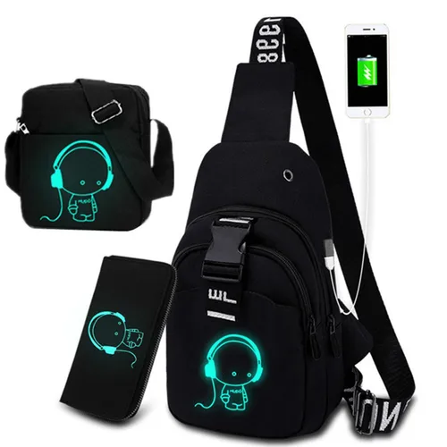 Imagen 2 del producto Bolso de pecho luminoso multifunción para hombres, bolsos cruzados de moda, paquete de pecho de carga USB, viaje corto, bolso de hombro individual