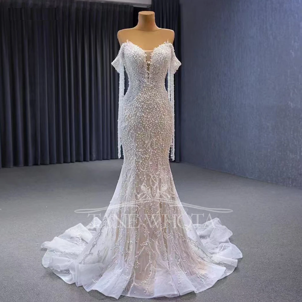 Sukienka Na Wesele Sweetheart Off Shoulder Lace Up Back Beading Tassel Bridal Dress Mermaid Train Customized Wedding Dress