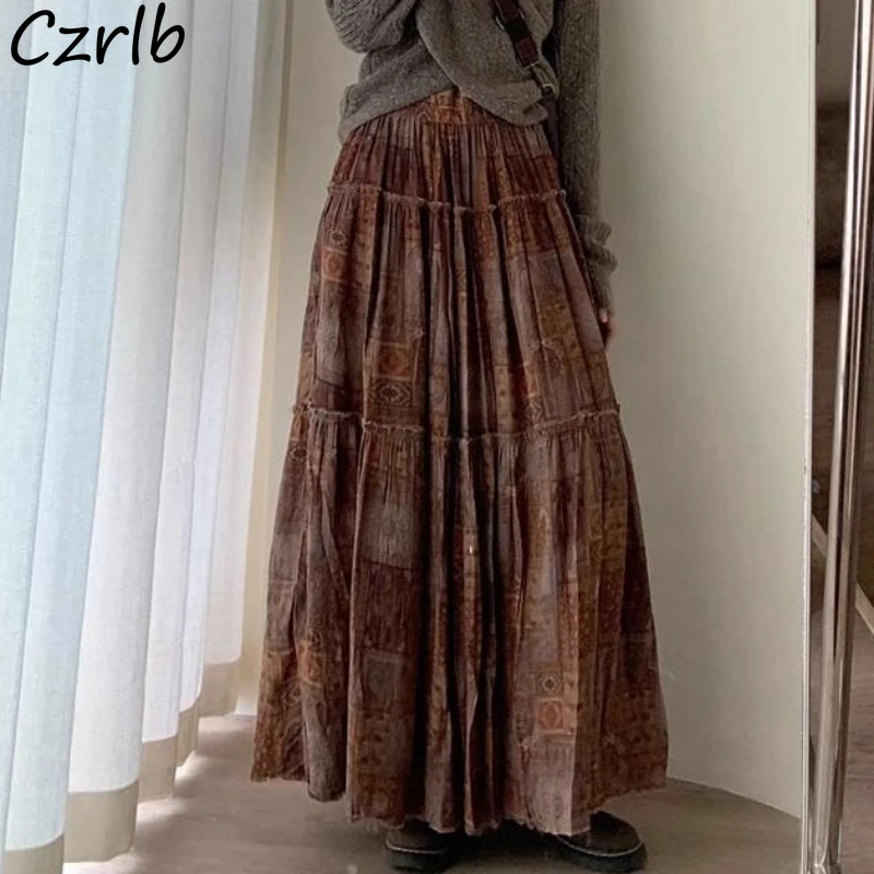 Vintage Prints Long Skirts Women Folds Spring Temper Elegant Lady Skirt High Waist Holiday Streetwear All-match Faldas Largas