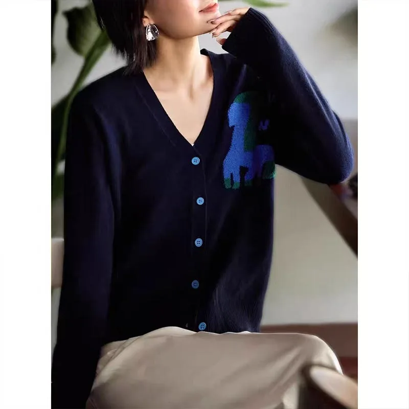 Women's Clothing Chic All-match Pony Embroidery Sweaters Autumn Winter Casual V-neck Single Breasted Knit Cardigan Lady Y2k Tops