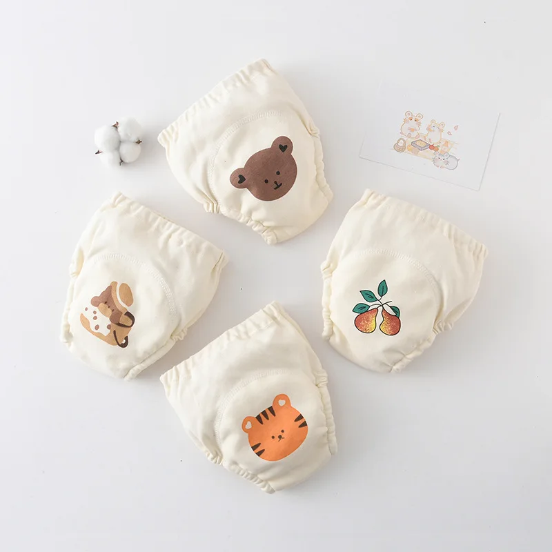 Baby 7 Floor Cartoon Cotton Animal Tiger Rabbit Squirrel Waterproof Diaper Pocket Diaper Training Pant Gauze Diape Learning Pant