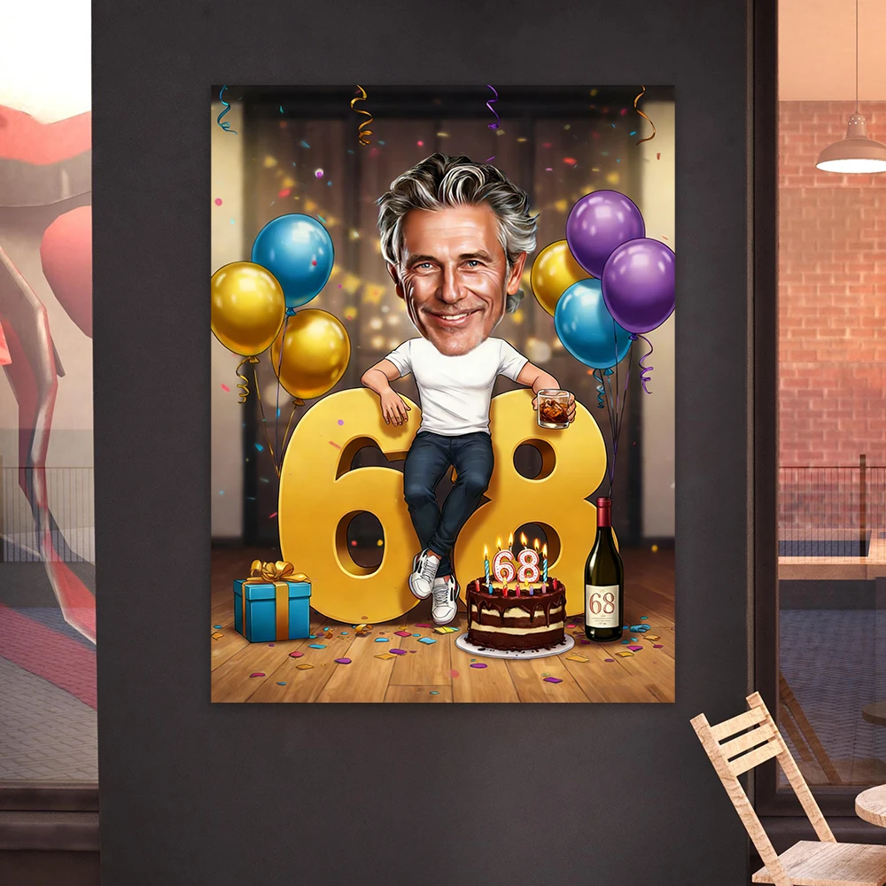 Póster de Retrato de Dibujos Animados Personalizado para el 60.º Cumpleaños, Impresiones de Caricaturas para el 68.º Cumpleaños, Pintura en Lienzo de Retrato de Dibujos Animados, Regalos de Arte Divertidos para Cumpleaños de Hombre