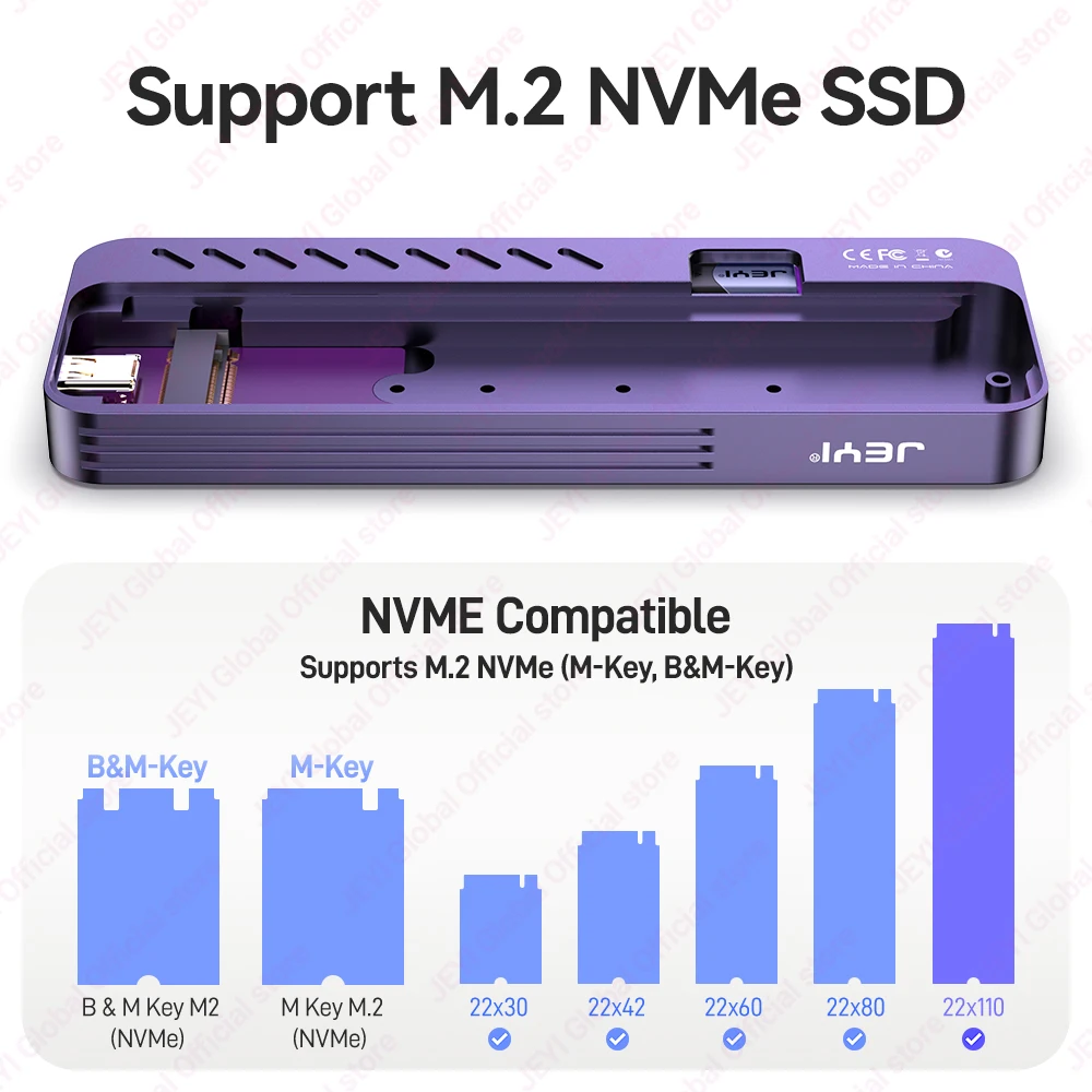 JEYI 22110 M.2 NVME SSD 인클로저 - USB 3.2 Gen2 Type-C 10Gbps, M&B+M 키 2230/2242/2260/2280 지원, 플랫 케이블 포함