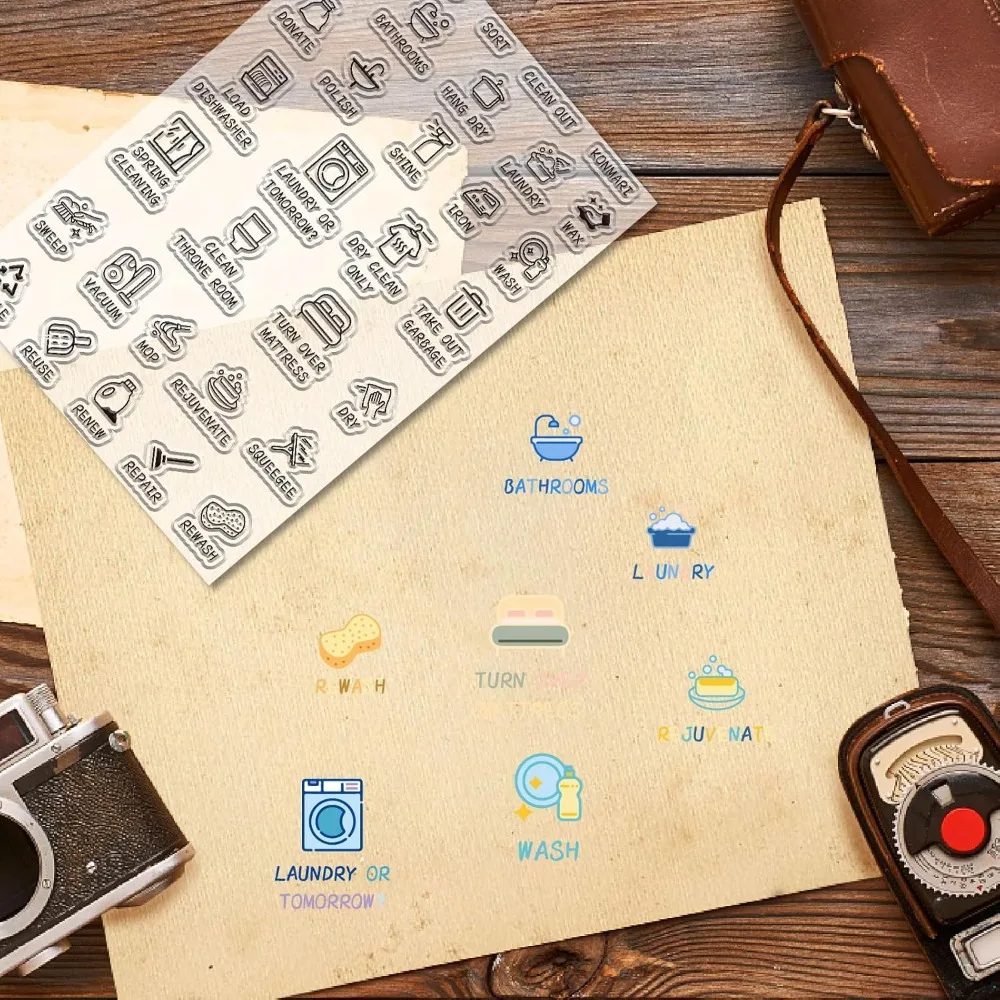 واضح أيقونة Stamps الحياة اليومية الأعمال المنزلية الغسيل الرموز الصغيرة قابلة لإعادة الاستخدام سيليكون المطاط ختم ورقة لصنع بطاقة سكرابوكينغ