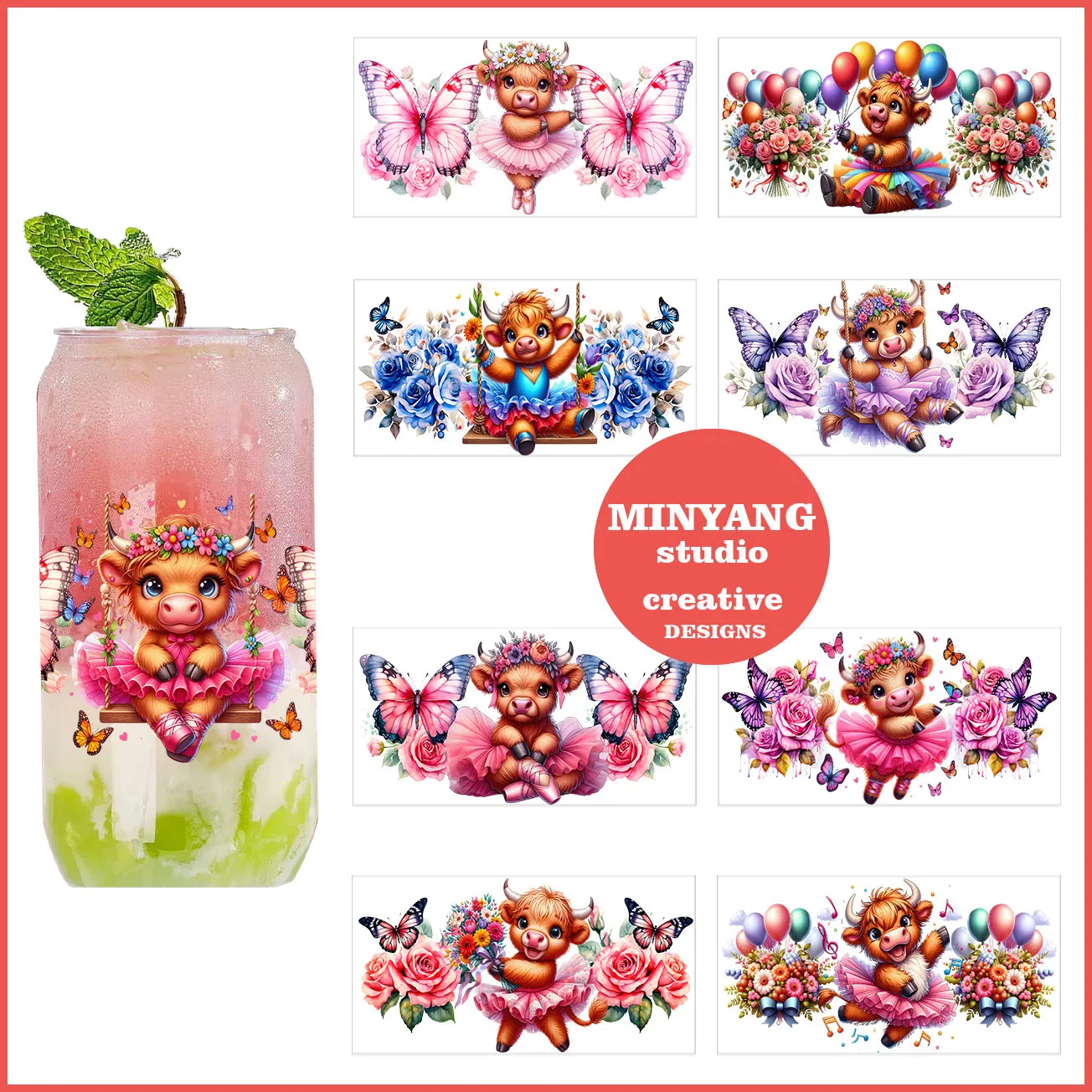 

Cartoon cow peel waterproof DIY Decals 3D transfers uvdtf crystal stickers 16oz uv dtf cup wraps for Libbey Glasses